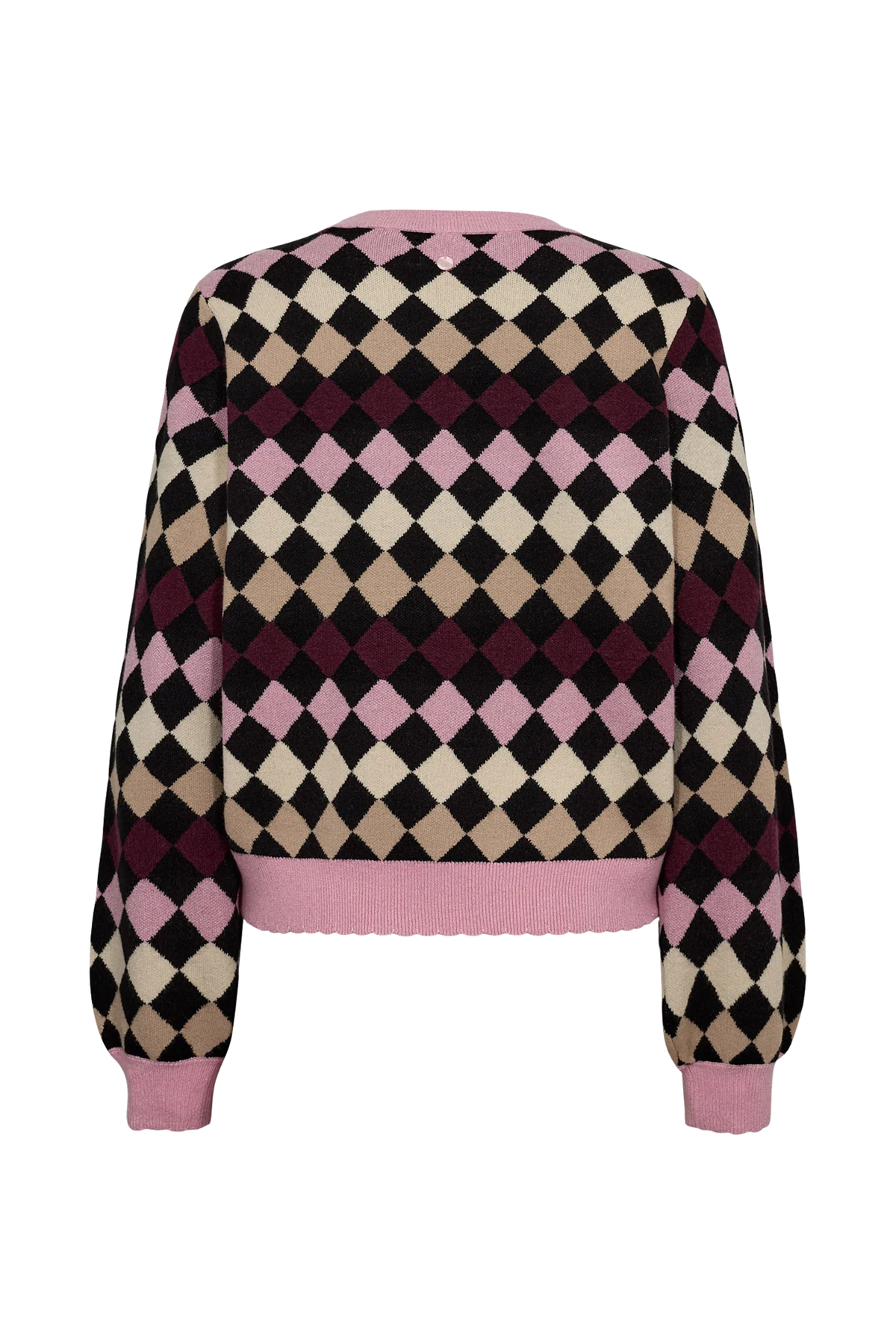Nümph Nulina Caviar argyle knitted jumper with pink ribbed trims – product back view