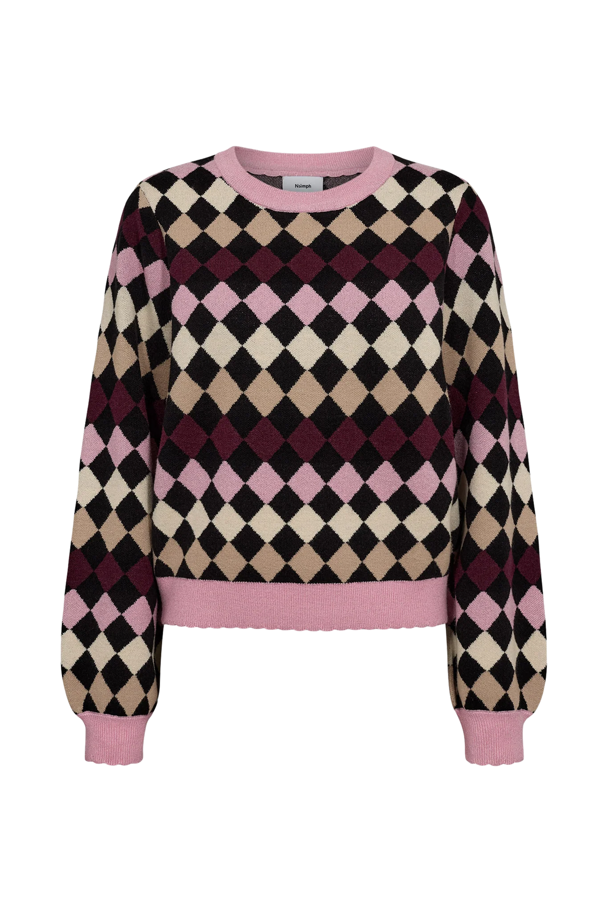 Nümph Nulina Caviar argyle crew neck jumper in pink, burgundy, cream and black – product front view