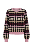 Nümph Nulina Caviar argyle crew neck jumper in pink, burgundy, cream and black – product front view