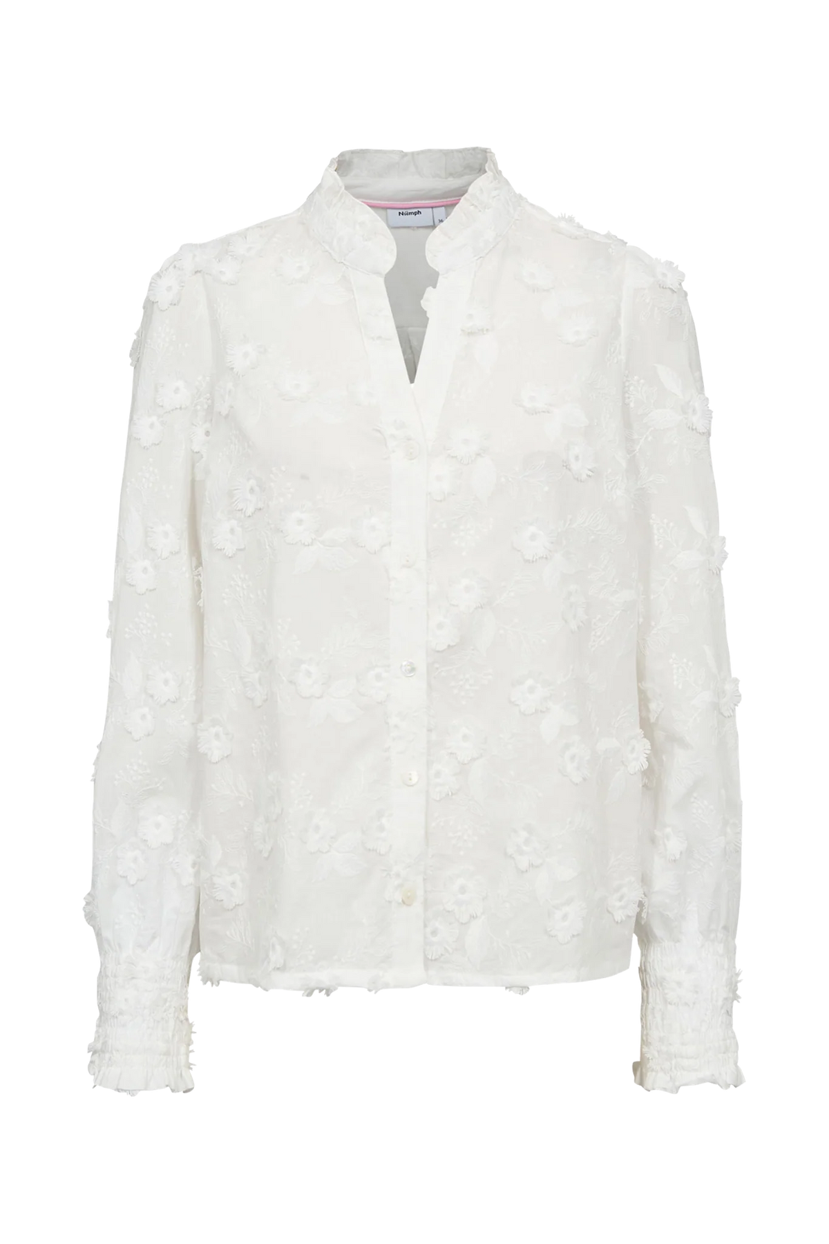 Nümph Nulenea white embroidered cotton blouse with open neckline – product front view