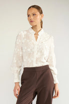 Nümph Nulenea white embroidered cotton blouse with long sleeves – upper body model view