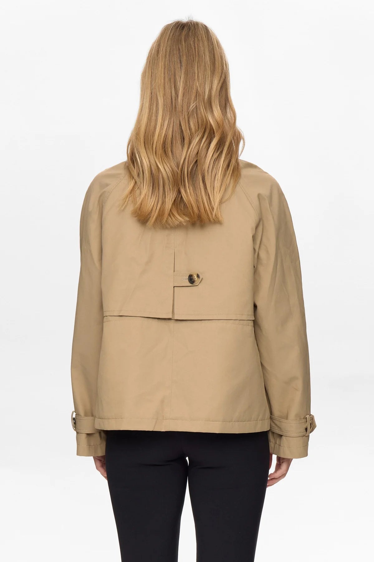 Numph Nuflorian short trench style jacket back view showing cropped fit