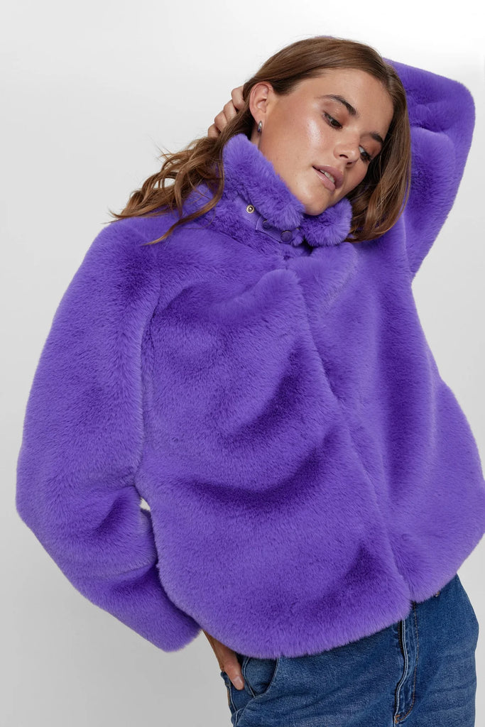Numph Nuwinda Purple High Neck Faux Fur  Coat