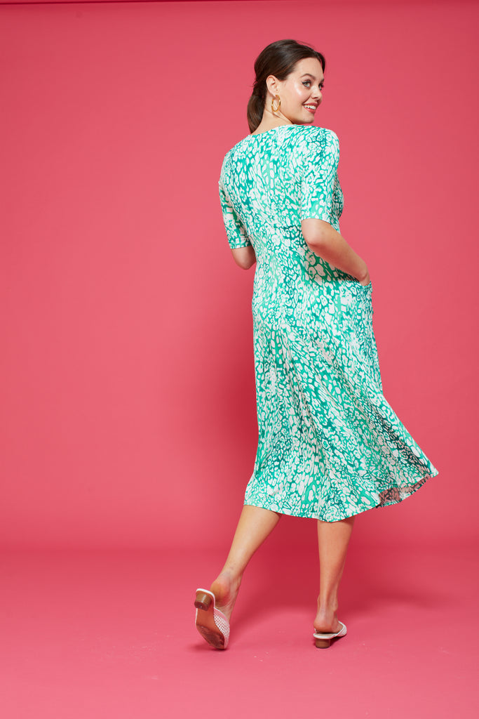 Onjenu Remy Green Long Sleeve Printed V-Neck Midi Dress From The Back