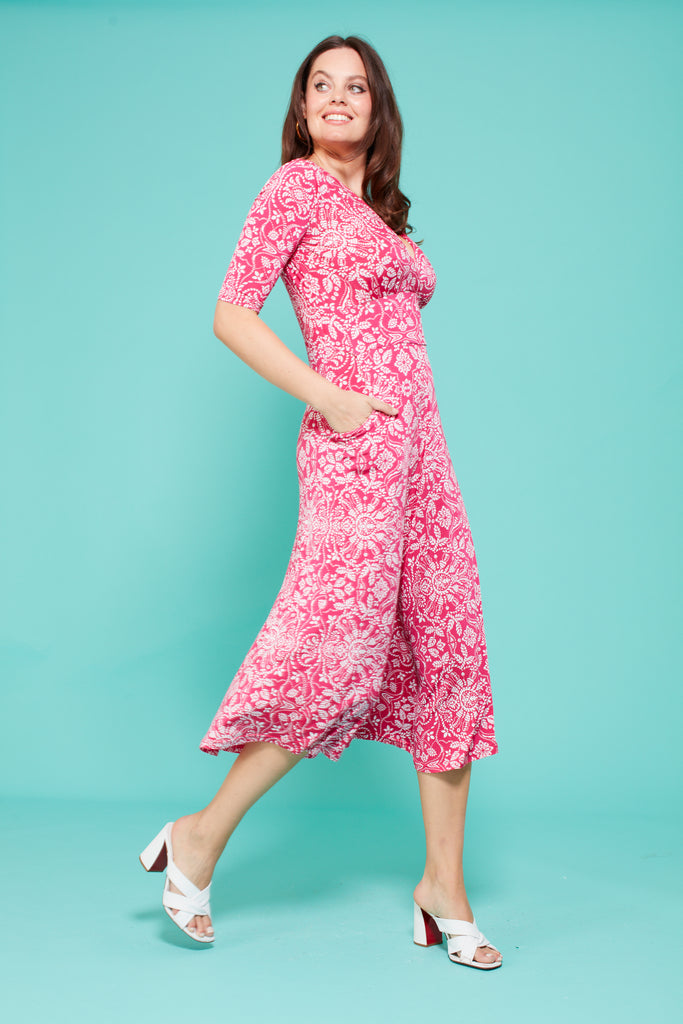Onjenu Remy Pink Long Sleeve Printed V-Neck Midi Dress