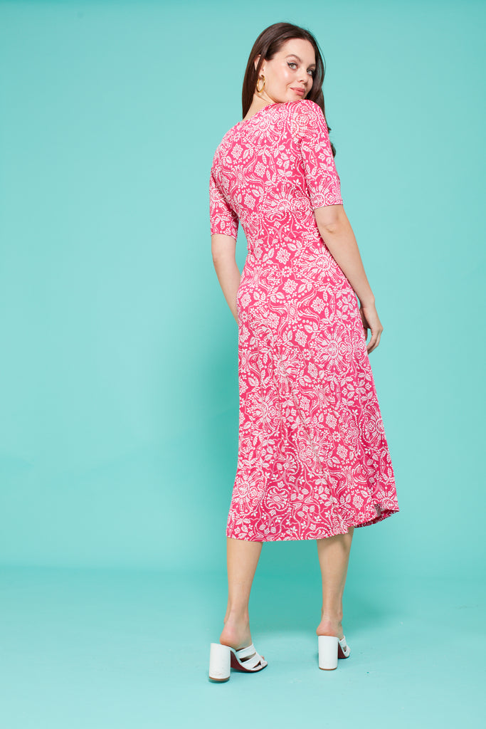 Onjenu Remy Pink Long Sleeve Printed V-Neck Midi Dress From the Back
