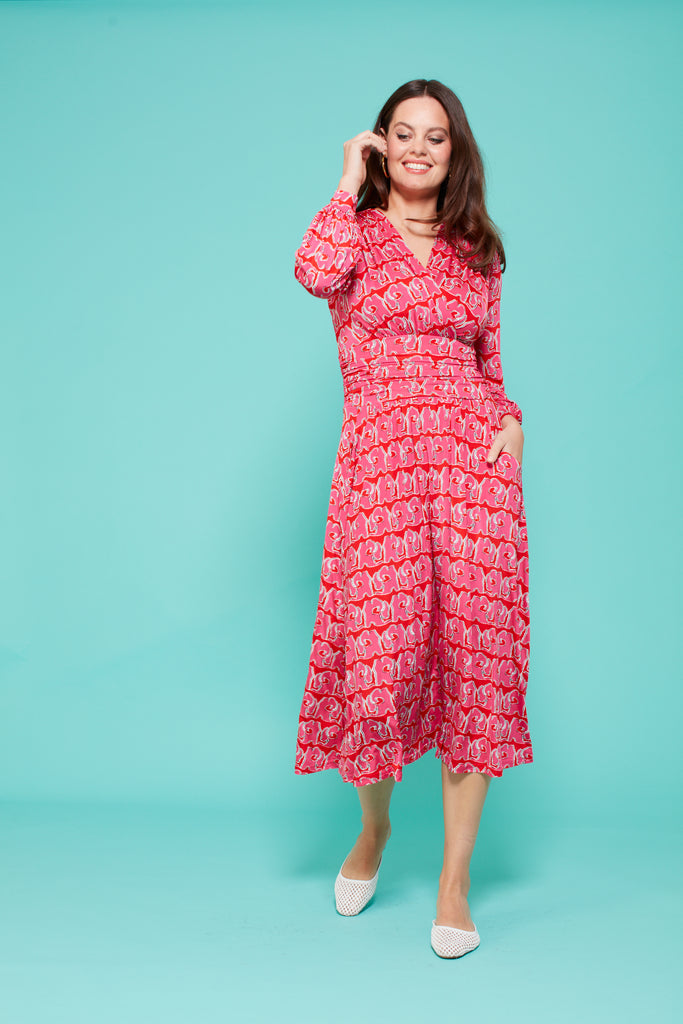 Onjenu Sharon Pink/Red Print Midi Dress With Pockets 
