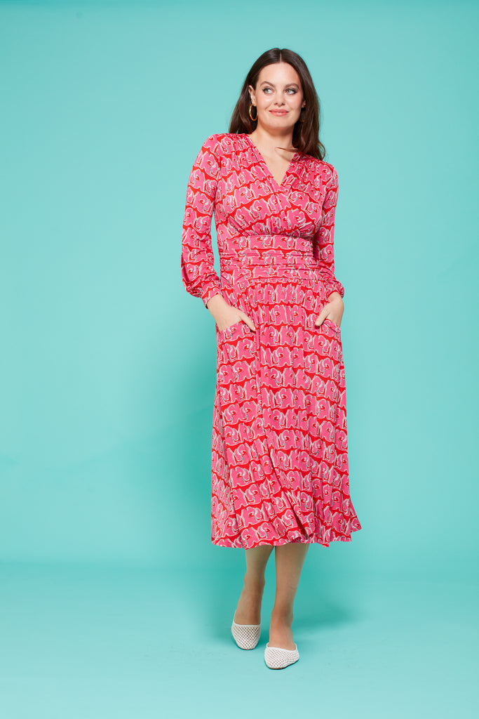 Onjenu Sharon Long Pink/Red Print Midi Dress