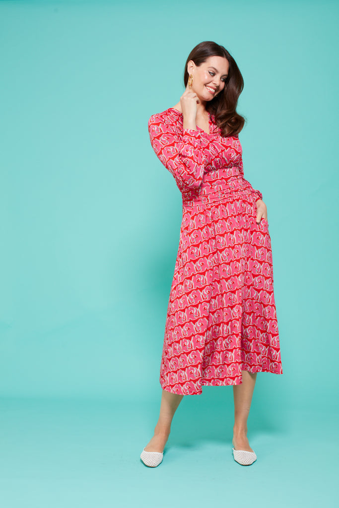 Onjenu Sharon Pink/Red Print Midi Dress