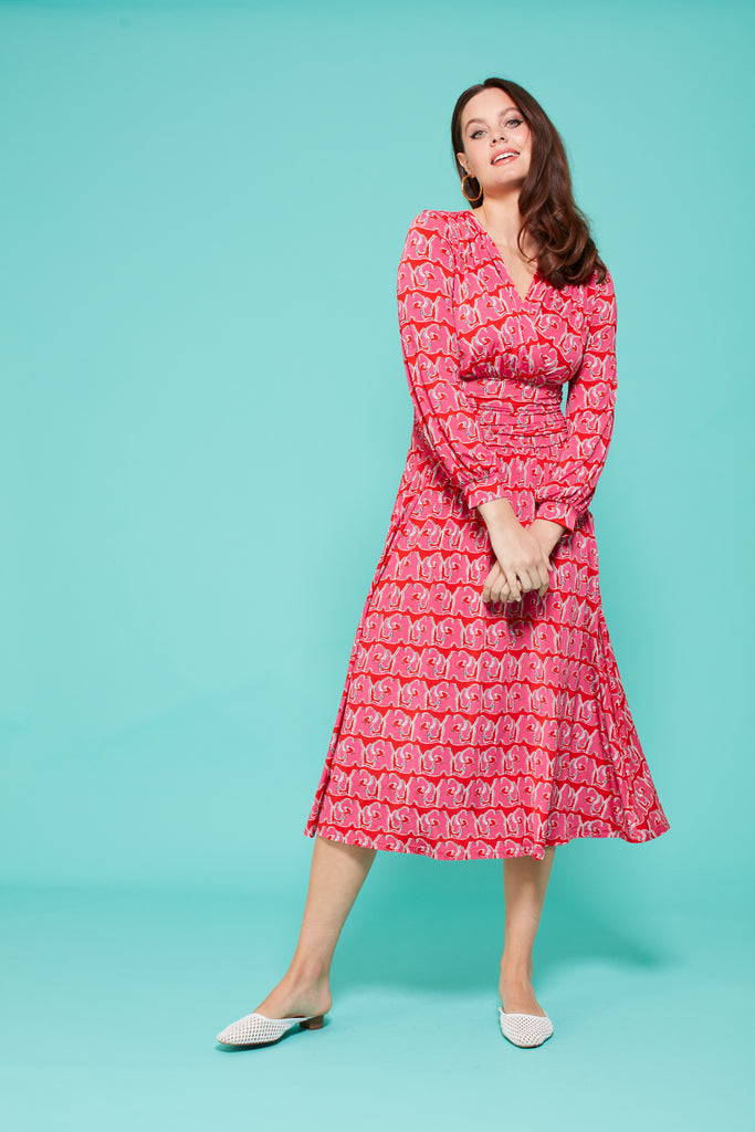 Onjenu Sharon Long Sleeve Pink/Red Print Midi Dress