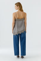 Oui Sleepy Grey lace trim satin camisole top – back model view