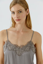 Oui Sleepy Grey satin cami top with floral lace V-neckline – close-up