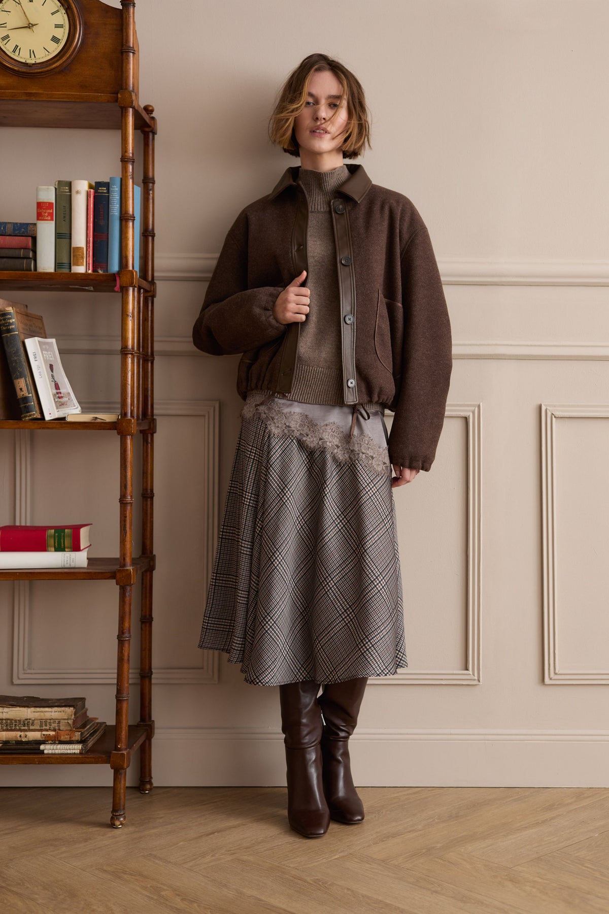 Oui Sleepy Grey satin camisole styled under a brown jacket – lifestyle view
