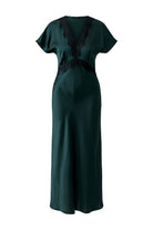 Oui green satin V-neck midi dress with black lace waist trim – product front view