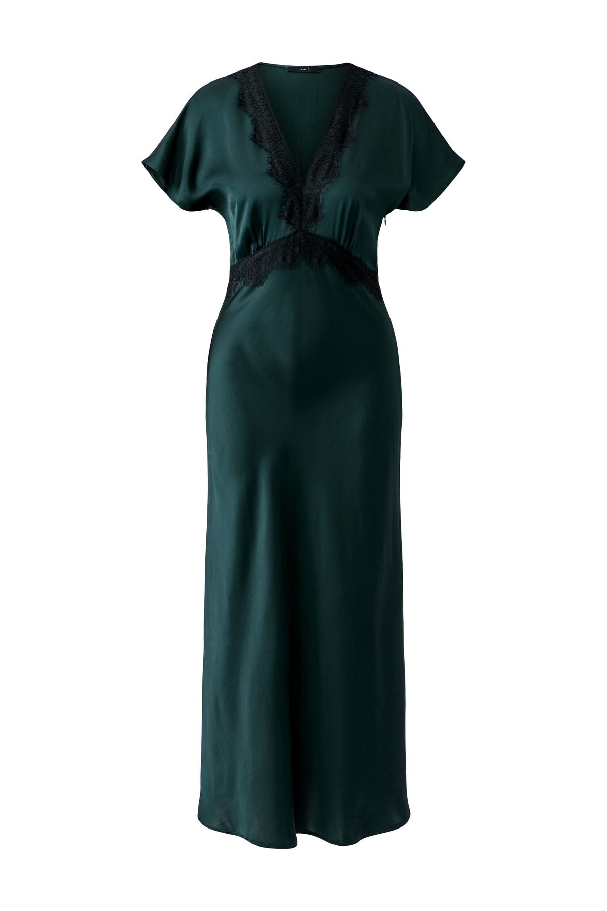 Oui green satin V-neck midi dress with black lace waist trim – product front view