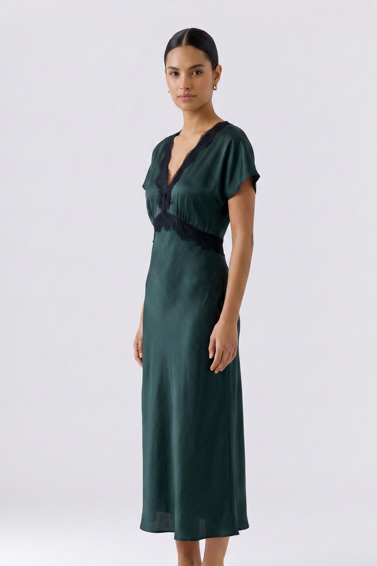 Oui green satin lace trim dress with flutter sleeves – angled model view