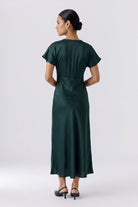 Oui green satin midi dress with flutter sleeves and fitted waist – back view