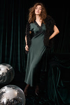 Oui green satin lace trim occasion dress – evening styling view