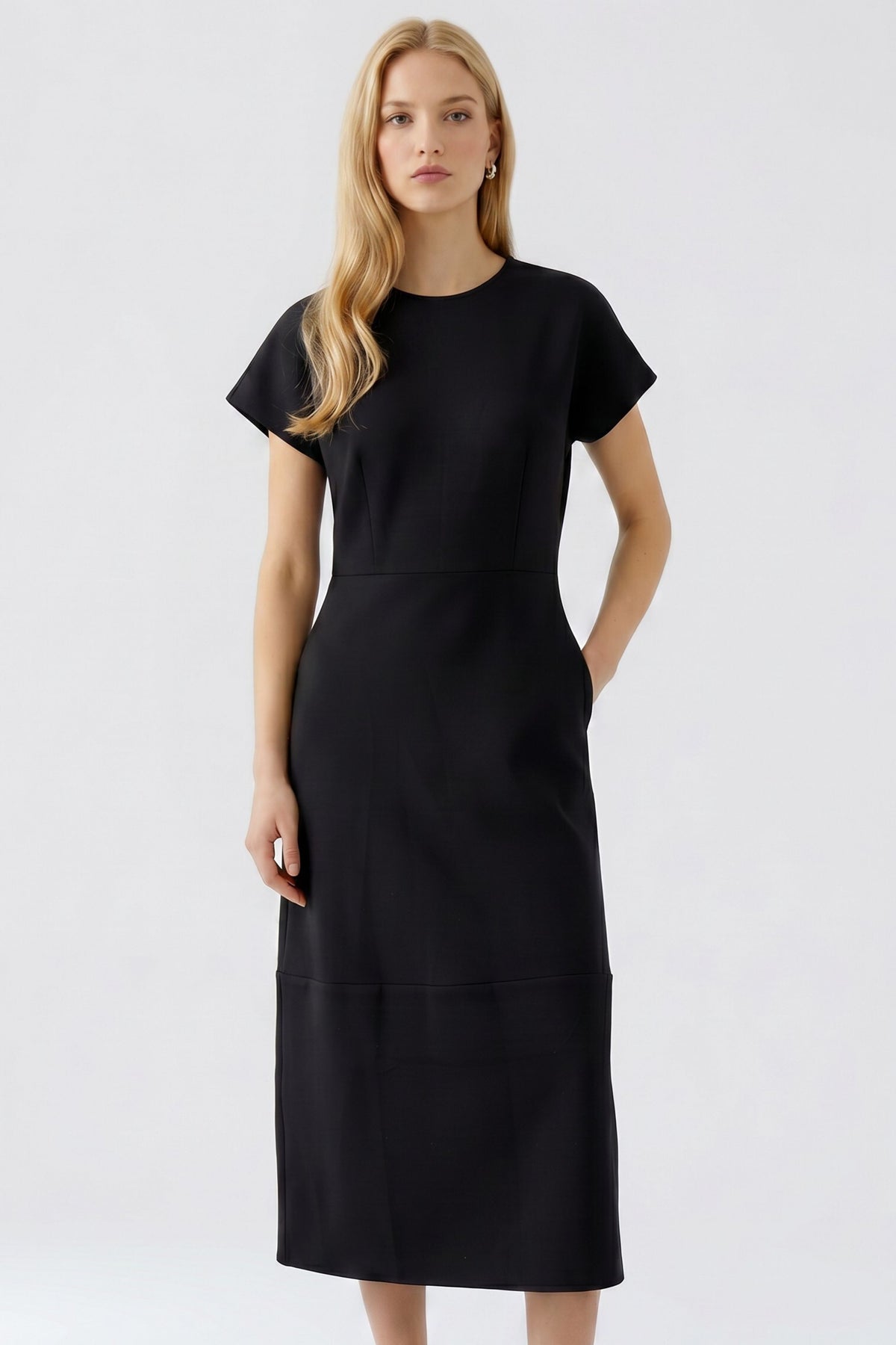 Oui black stretch crepe fit and flare midi dress – front model view