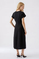 Oui black short sleeve fit and flare midi dress – back model view
