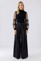 Oui black high neck jumper with sheer lace sleeves – full front view