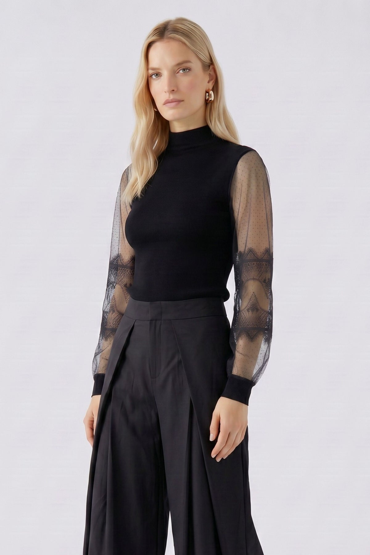 Oui black polo neck jumper with sheer lace sleeves – front model view