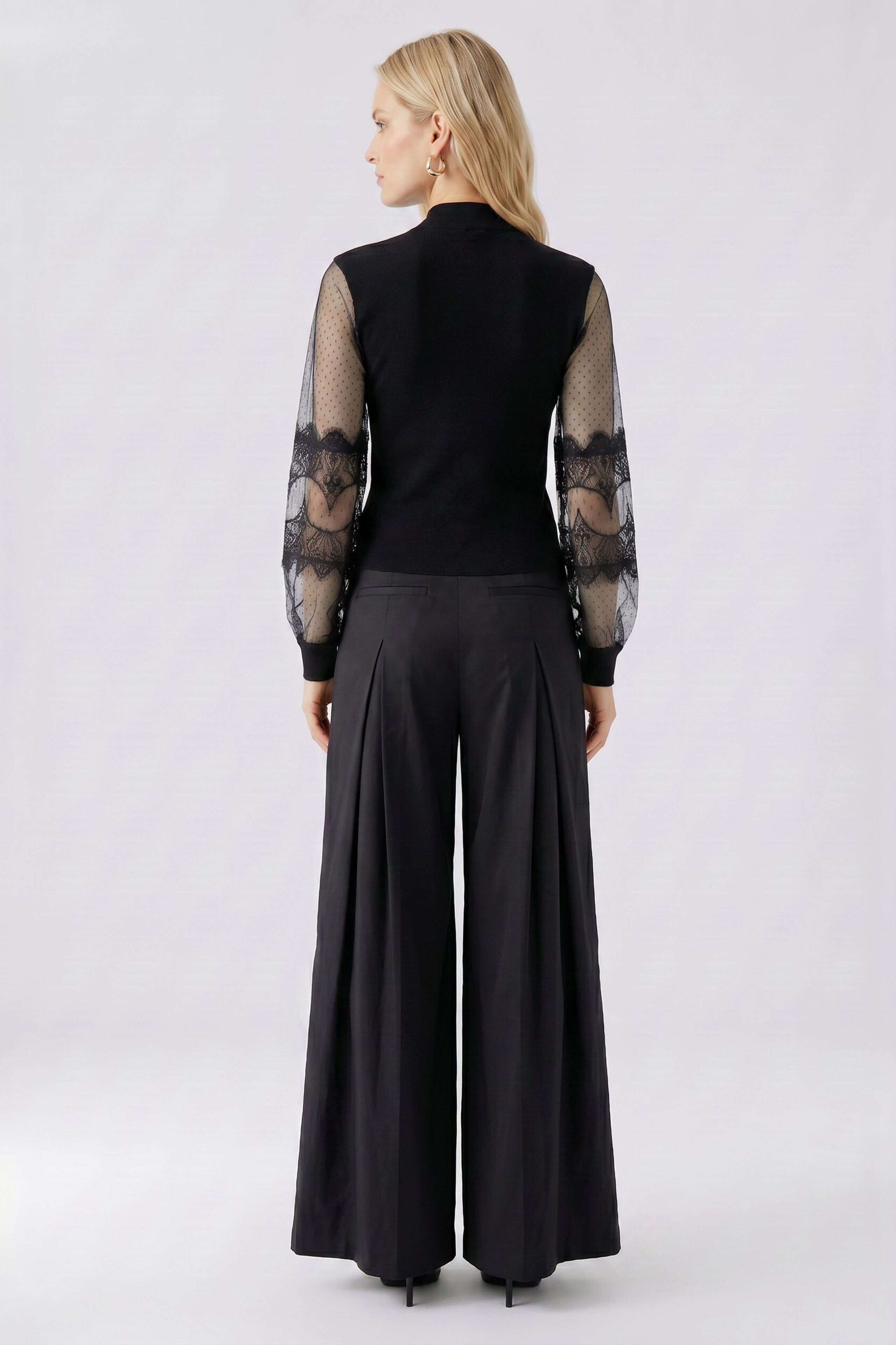 Oui black high neck jumper with sheer lace sleeves – back model view