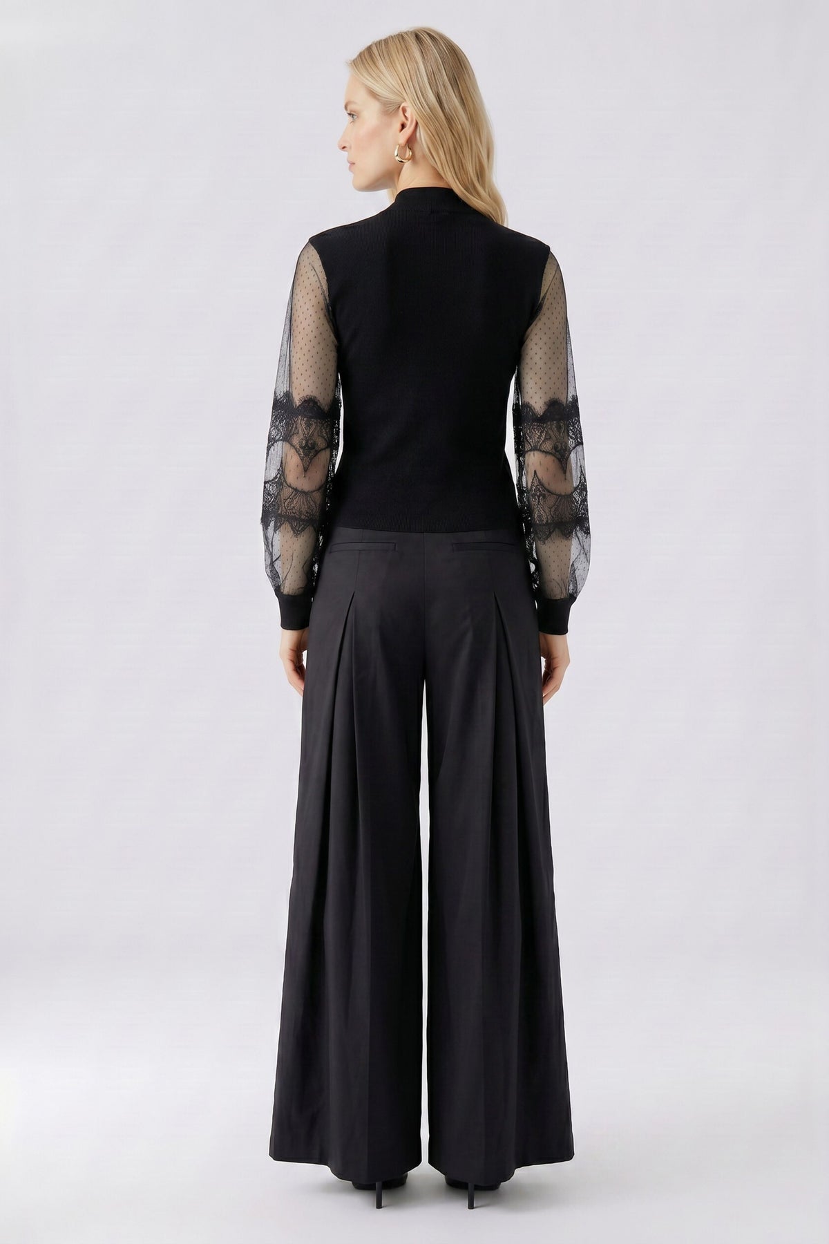 Oui black high neck jumper with sheer lace sleeves – back model view