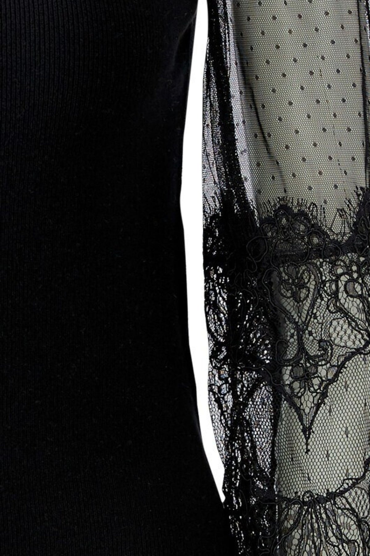 Oui black jumper with dotted mesh and floral lace sleeve – detail view