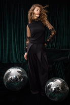 Oui black lace party polo neck jumper with sheer sleeves 