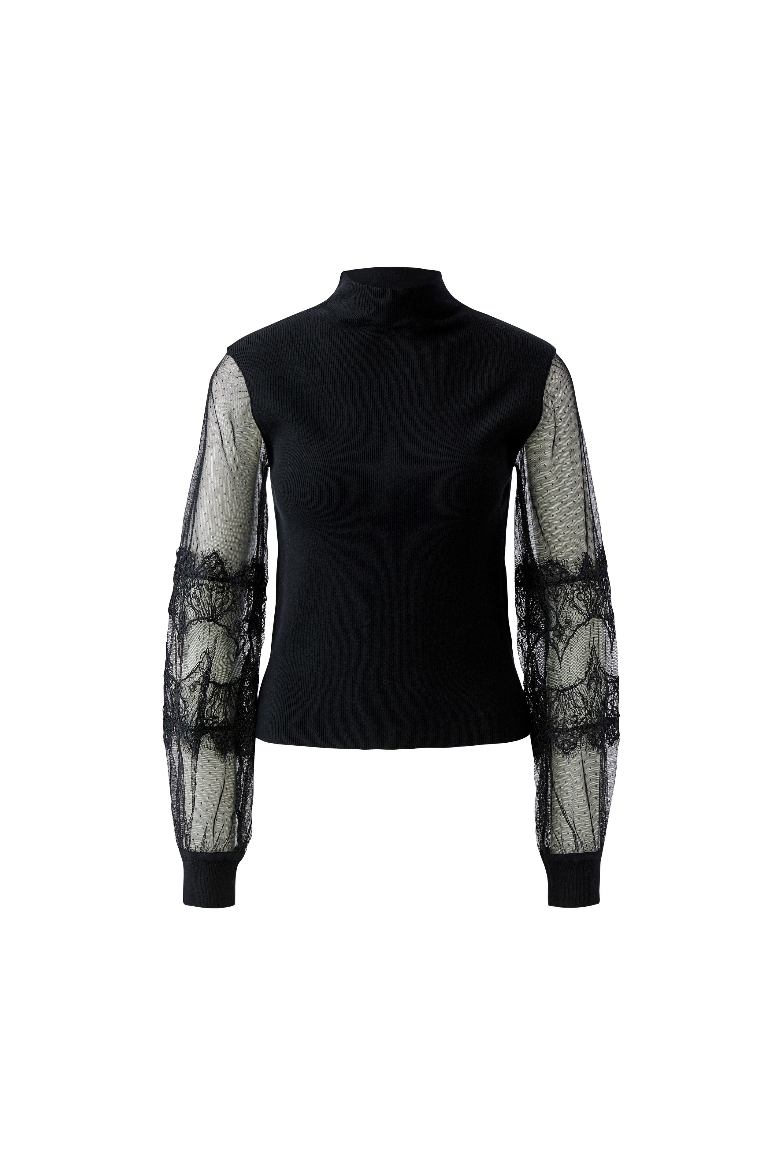 Oui black polo neck jumper with sheer floral lace sleeves – product front view