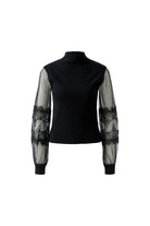 Oui black polo neck jumper with sheer floral lace sleeves – product front view