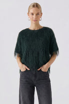 Oui Scarab Green eyelash fringe elbow sleeve top – front model view