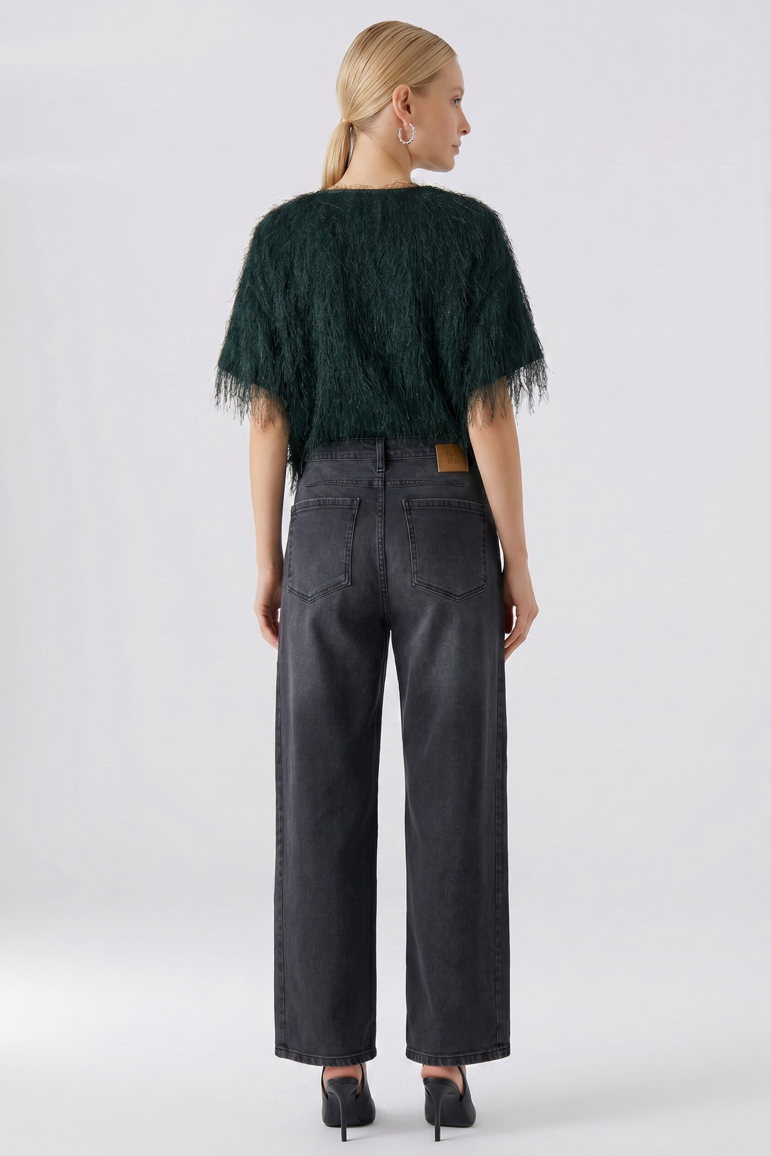 Oui Scarab Green eyelash fringe elbow sleeve top – back model view