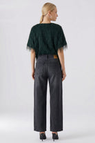 Oui Scarab Green eyelash fringe elbow sleeve top – back model view