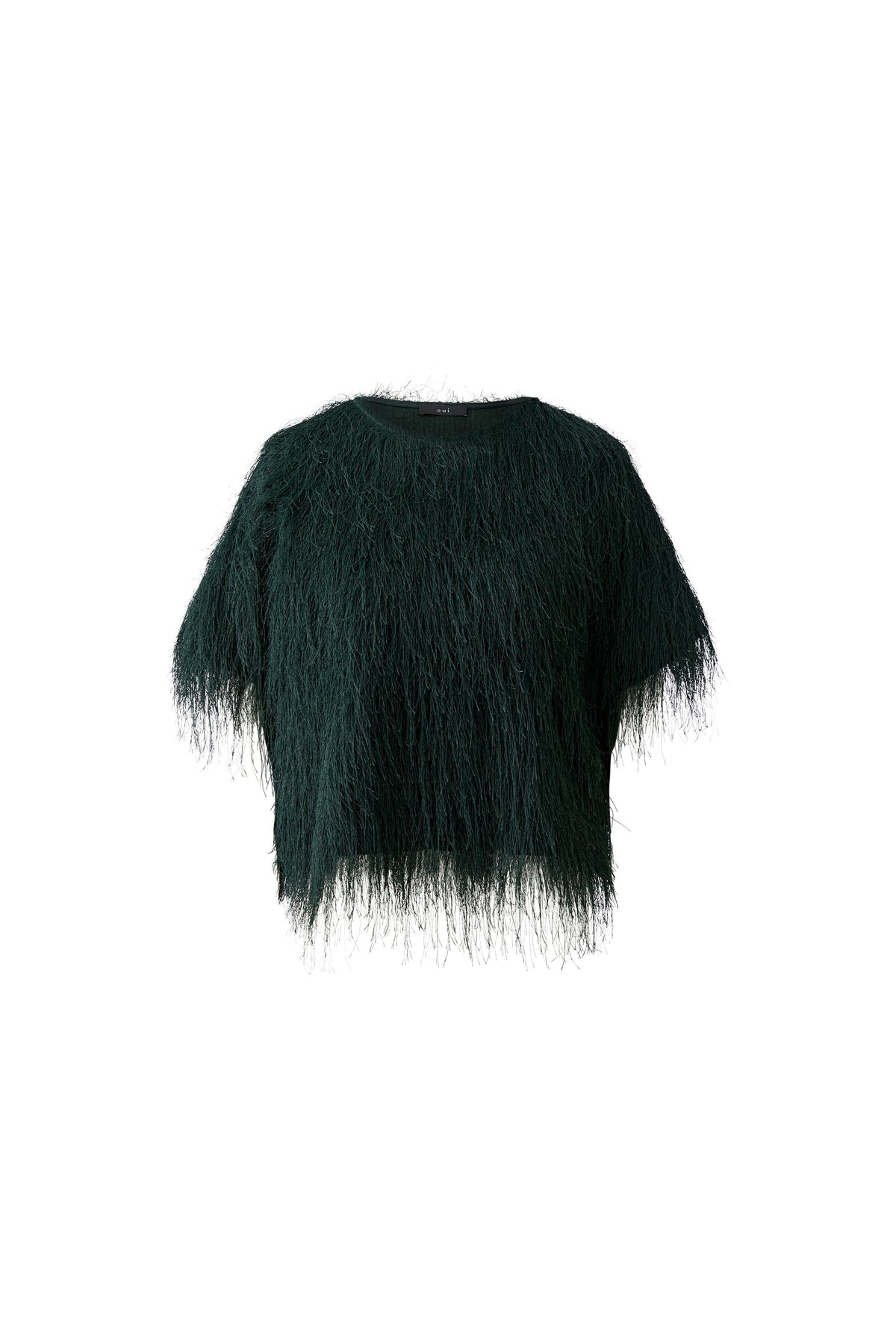Oui Scarab Green textured fringe round neck top – product front view