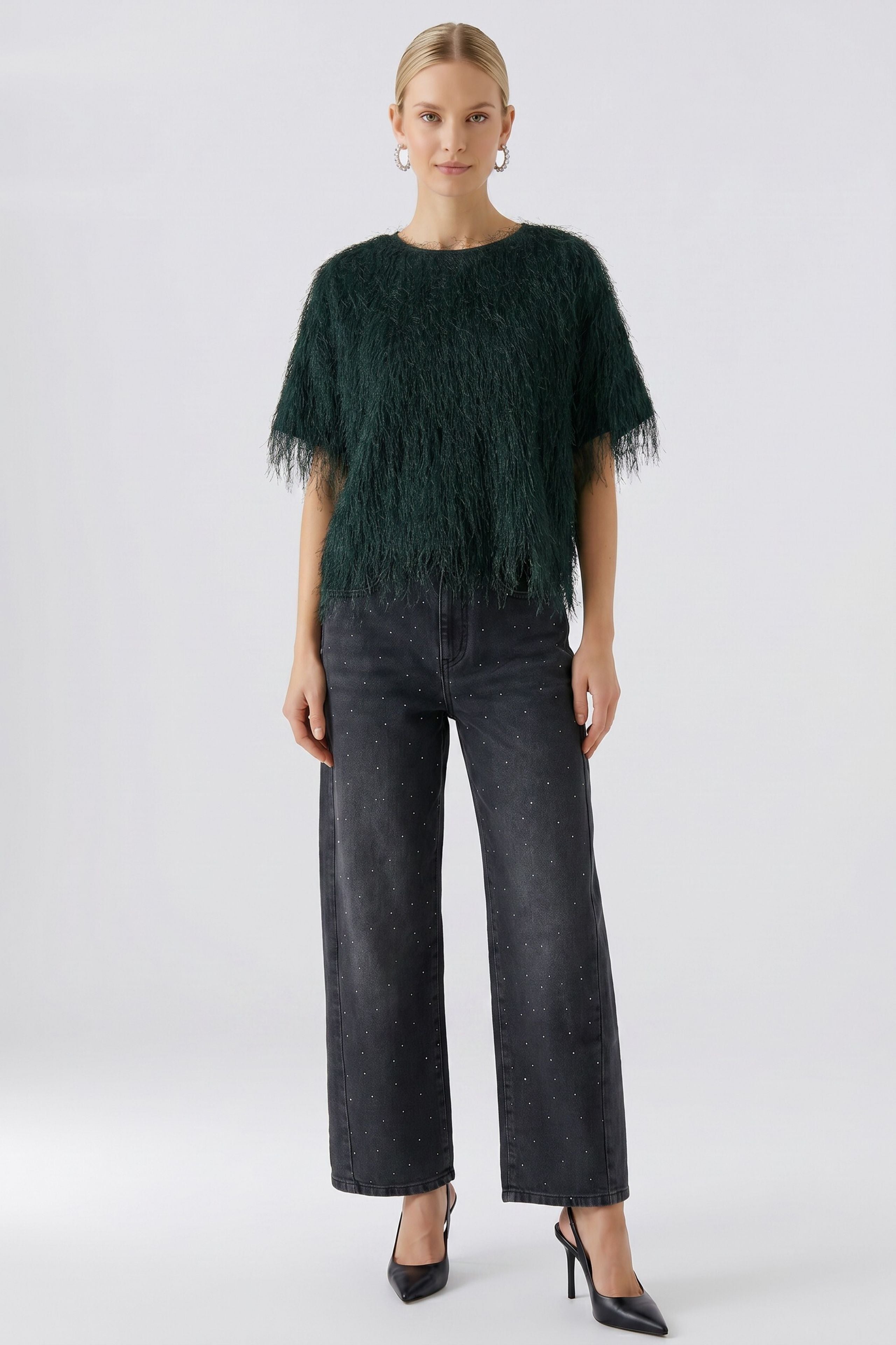 Oui Scarab Green fringe top styled with dark wide-leg trousers – full outfit view