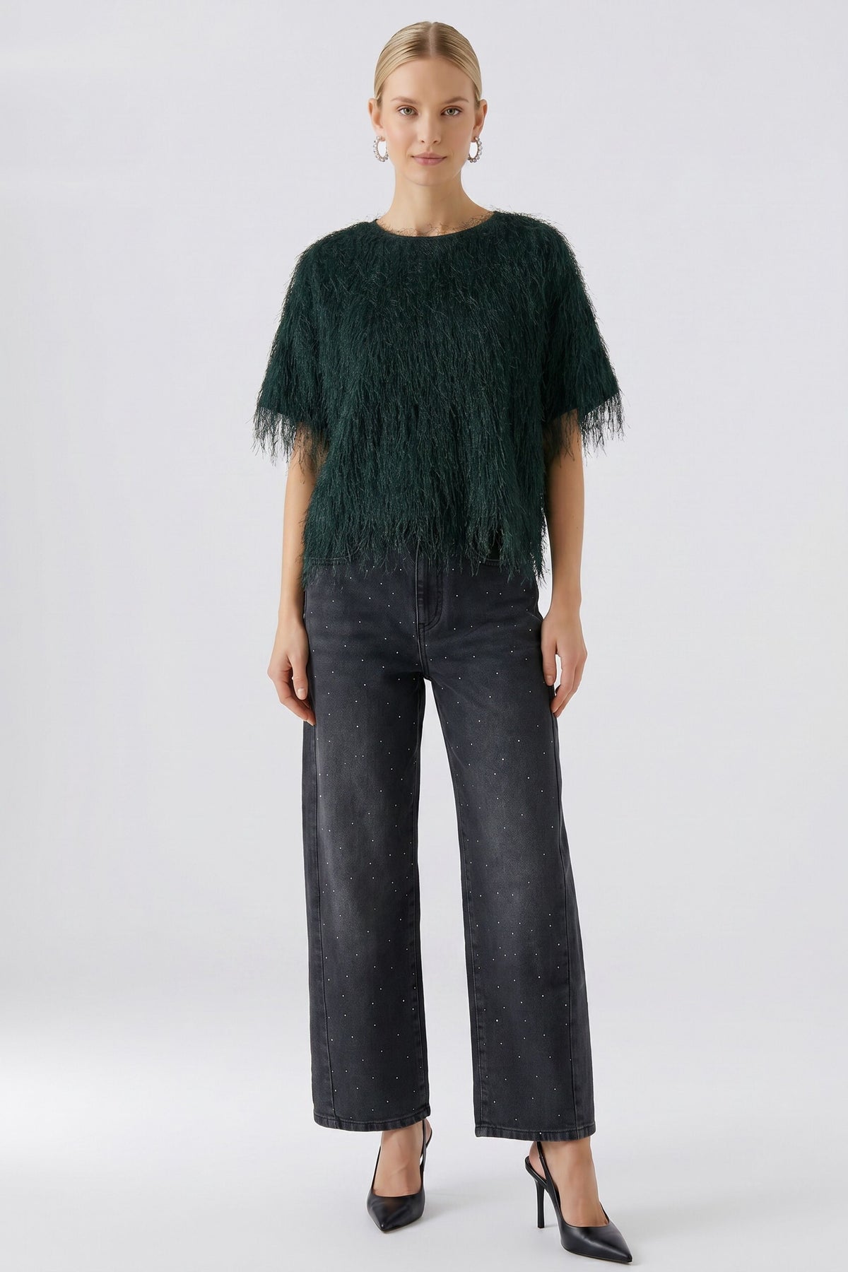 Oui Scarab Green fringe top styled with dark wide-leg trousers – full outfit view