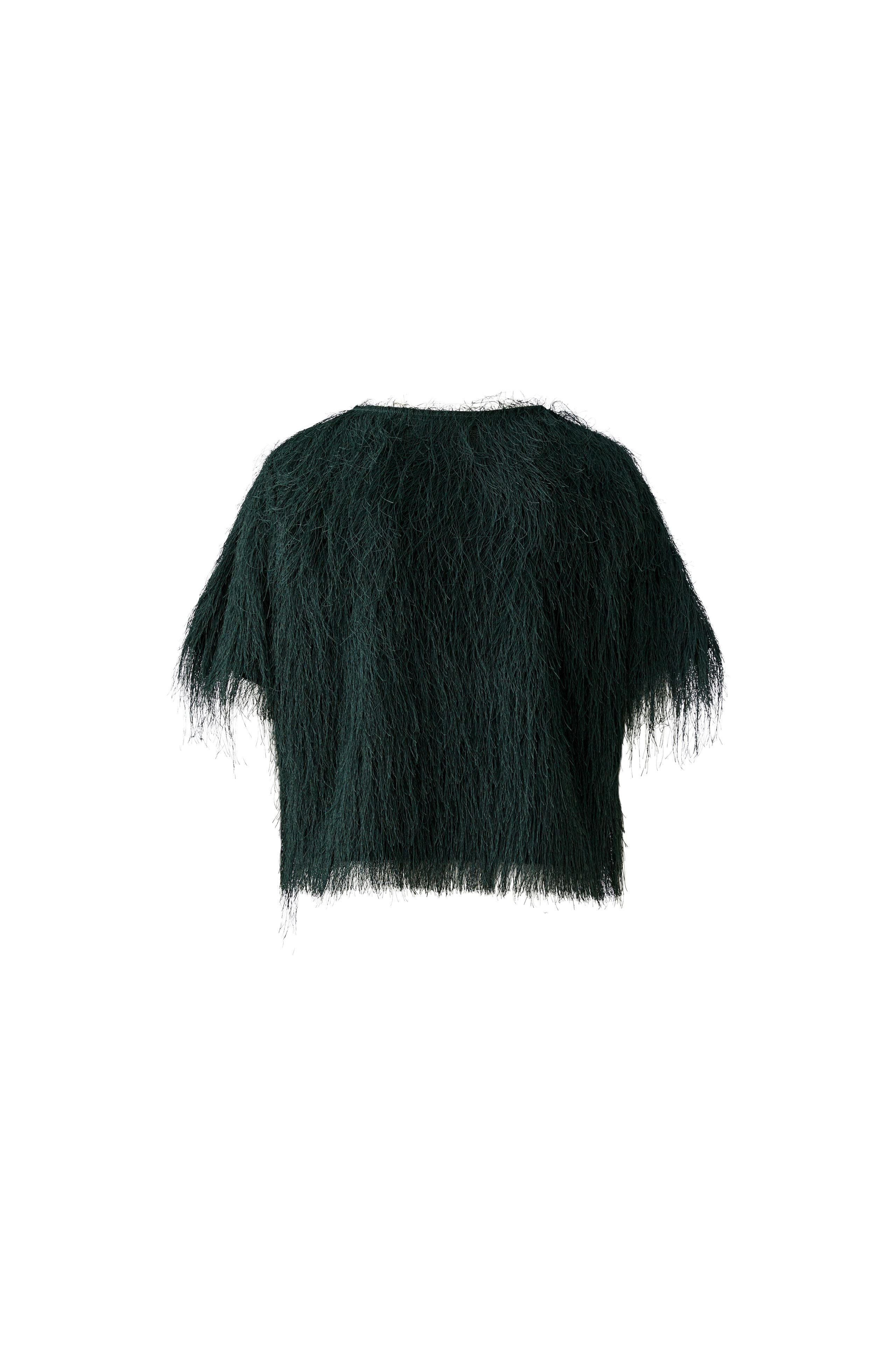 Oui Scarab Green eyelash fringe short sleeve top – product back view
