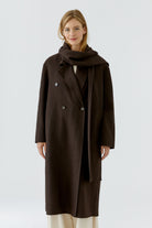 Oui Chocolate Torte double-breasted wool blend coat with detachable scarf – front model view