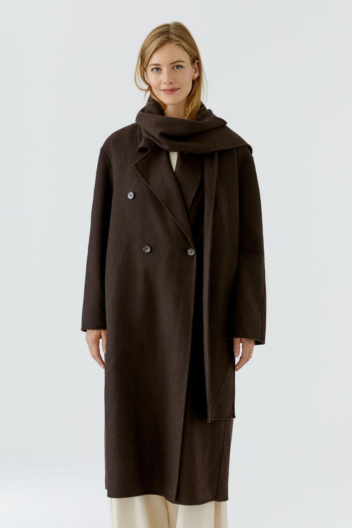 Oui Chocolate Torte double-breasted wool blend coat with detachable scarf – front model view