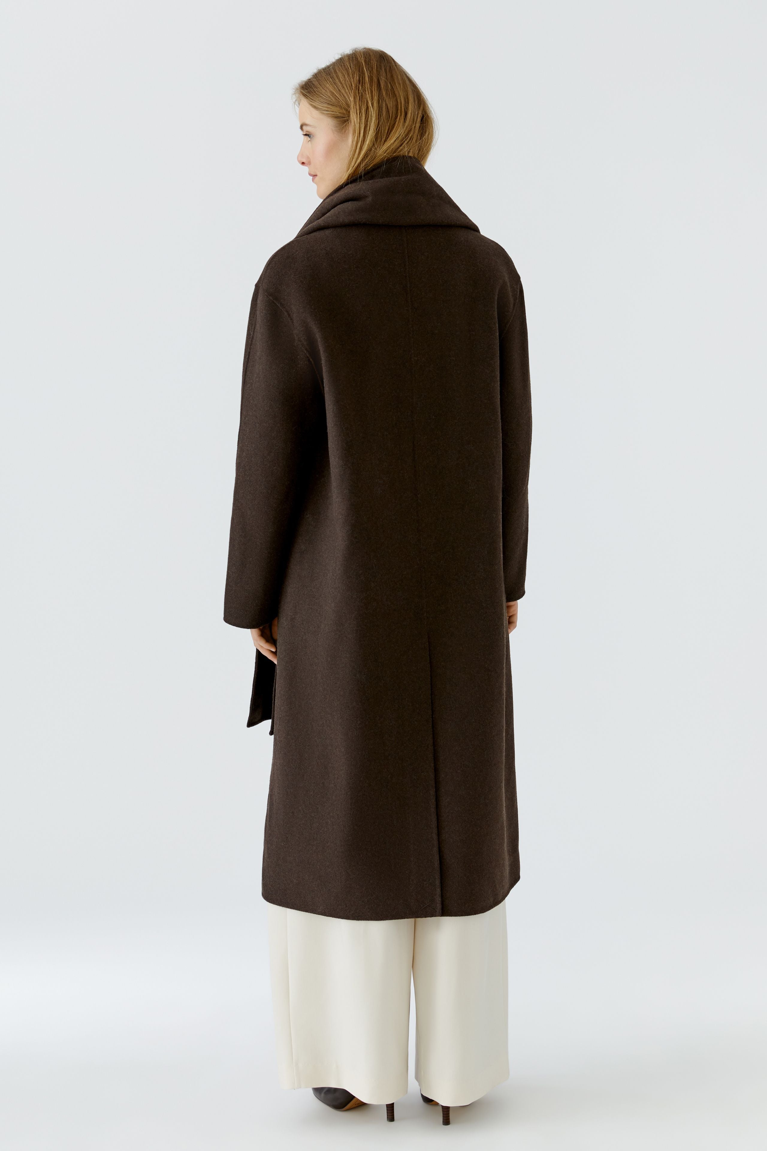 Oui Chocolate Torte long wool blend coat with detachable scarf – back model view