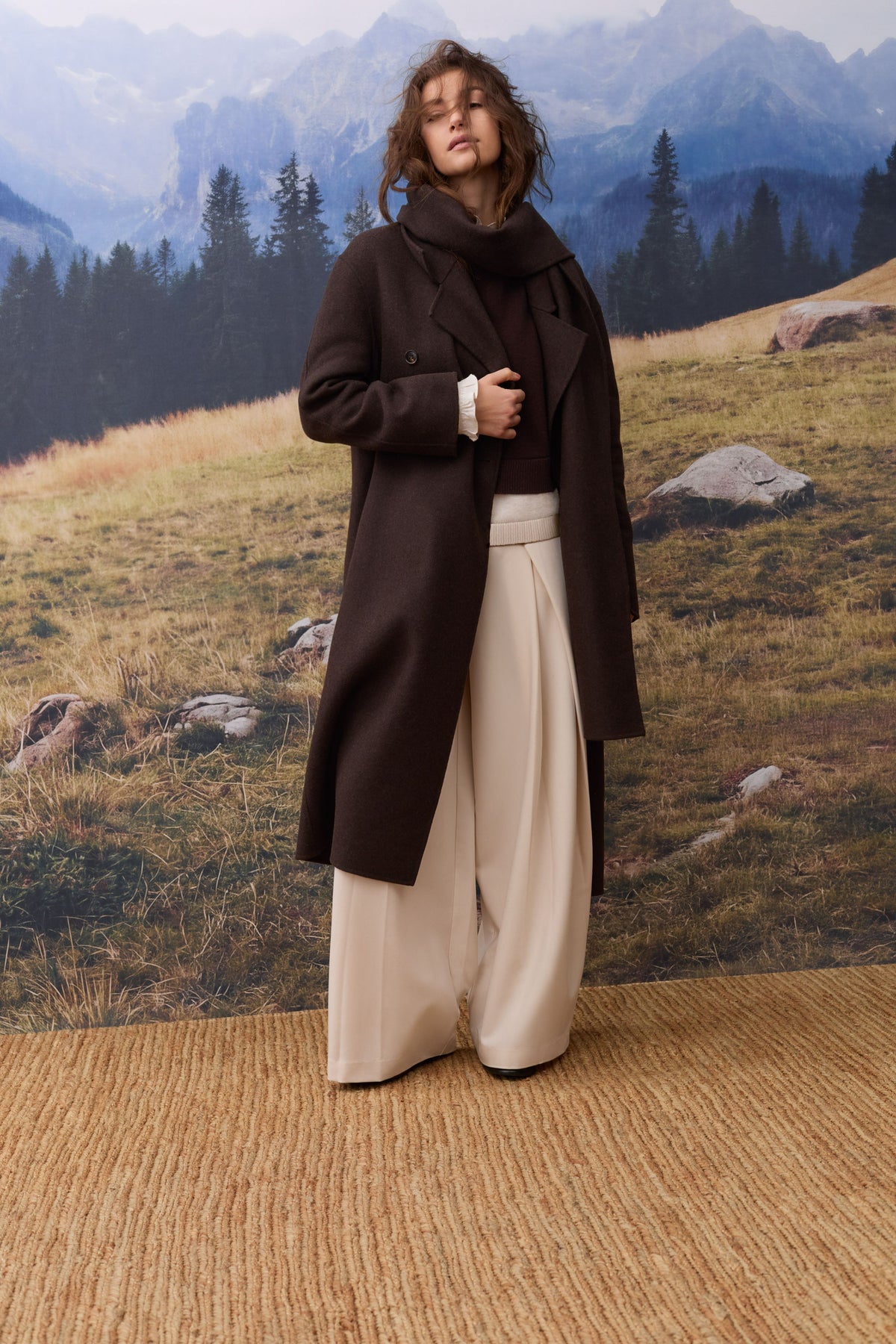Oui chocolate brown wool blend scarf coat styled with cream wide-leg trousers – lifestyle view