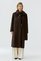Oui chocolate brown long scarf coat with double-breasted front – full length model view