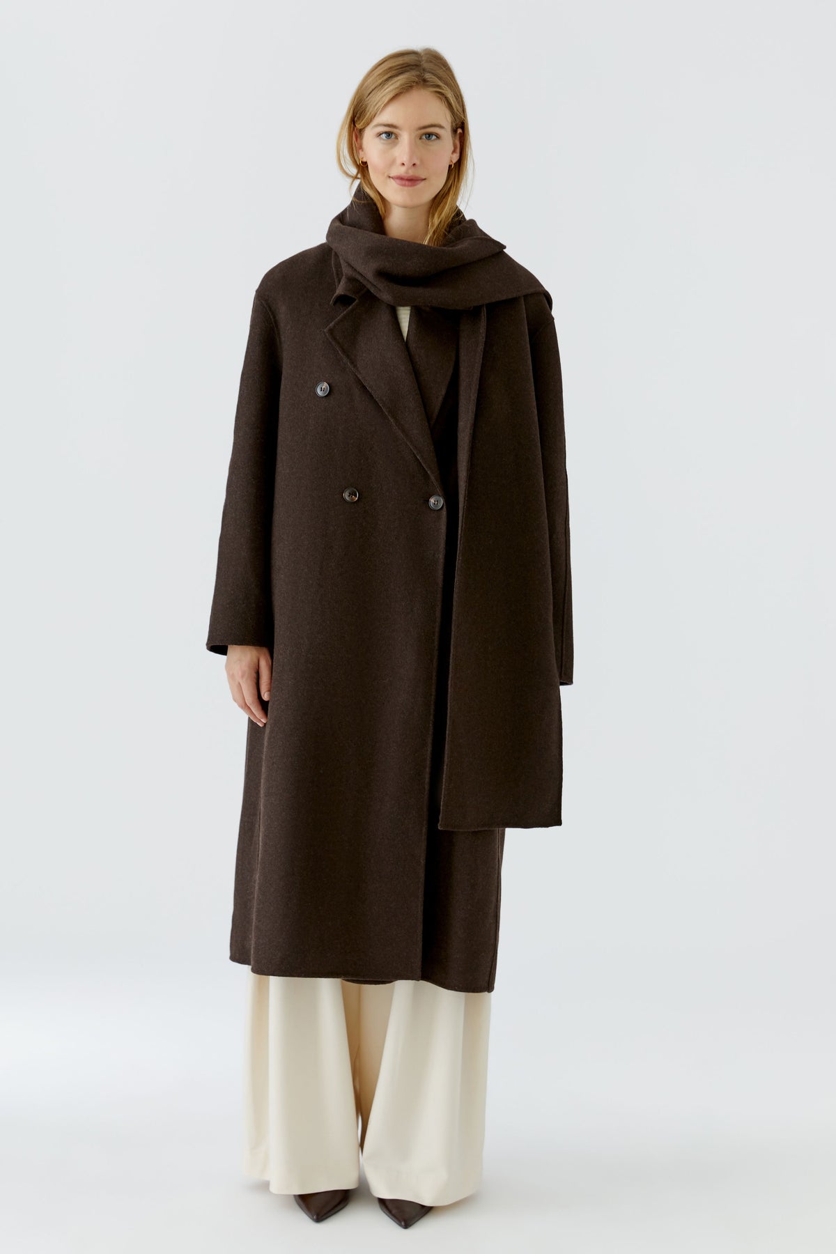 Oui chocolate brown long scarf coat with double-breasted front – full length model view