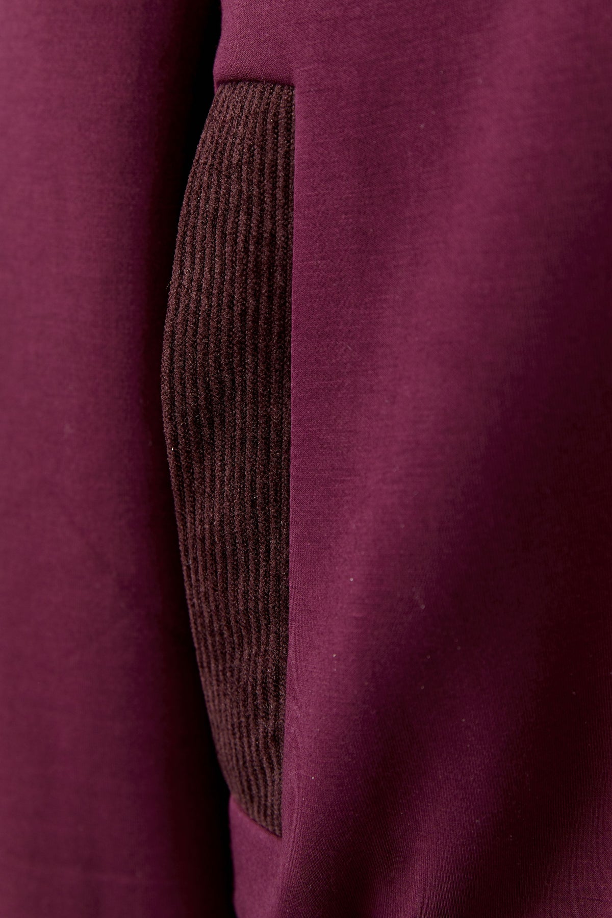 Oui burgundy bomber jacket with contrast corduroy collar – fabric detail view