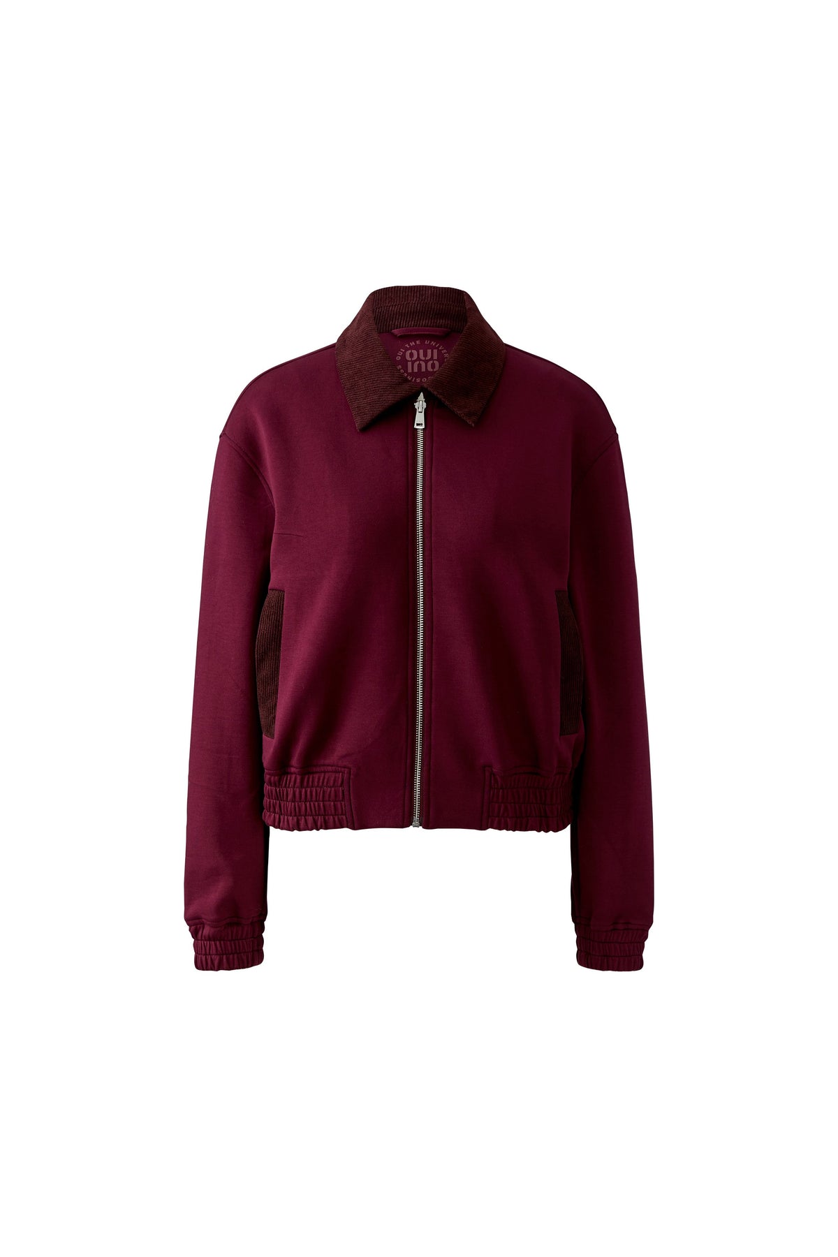 Oui burgundy zip bomber jacket with dark corduroy collar – product front view