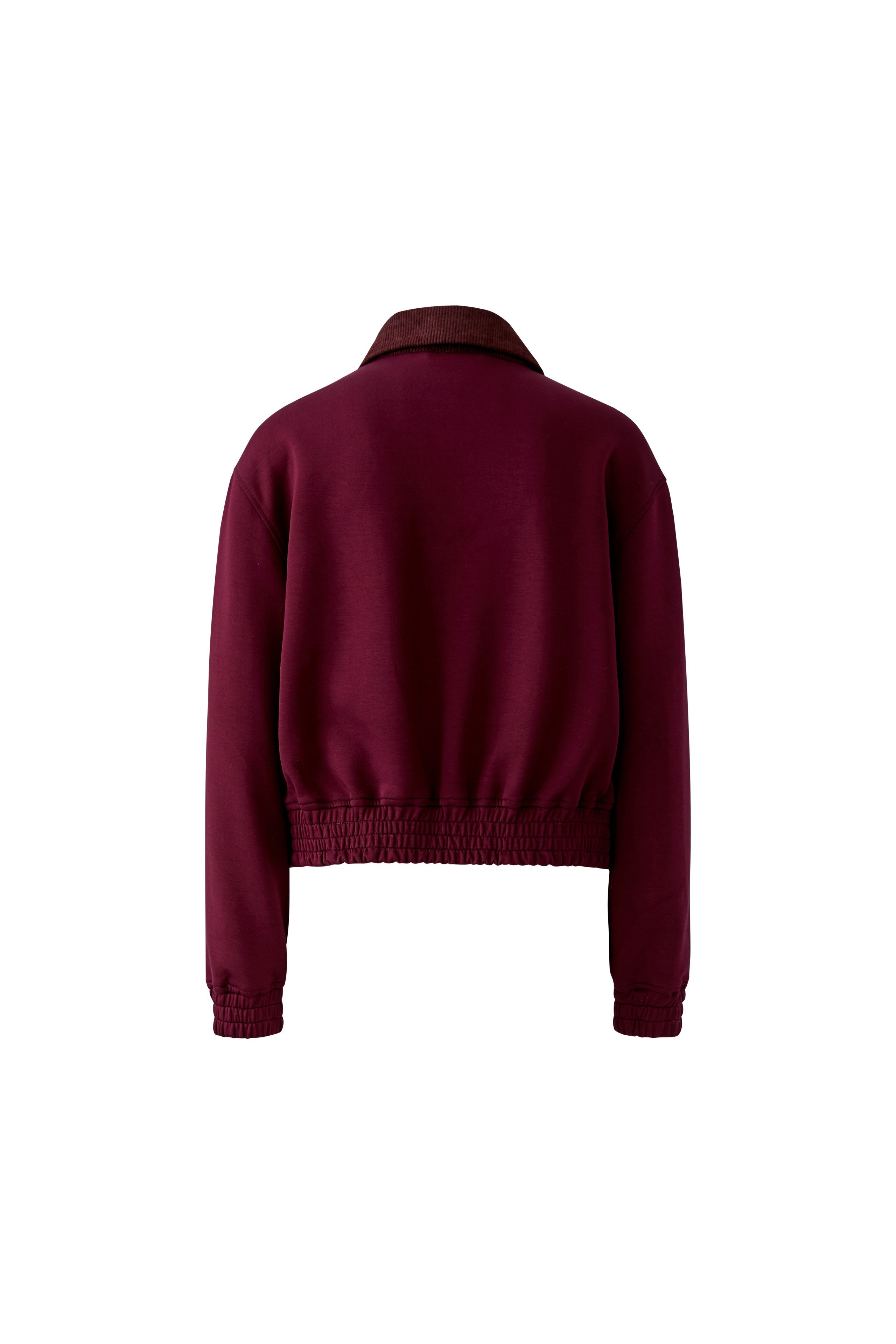 Oui burgundy zip bomber jacket with corduroy collar – product back view