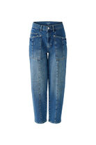 Oui mid-blue barrel leg jeans with front patch pockets – product front view