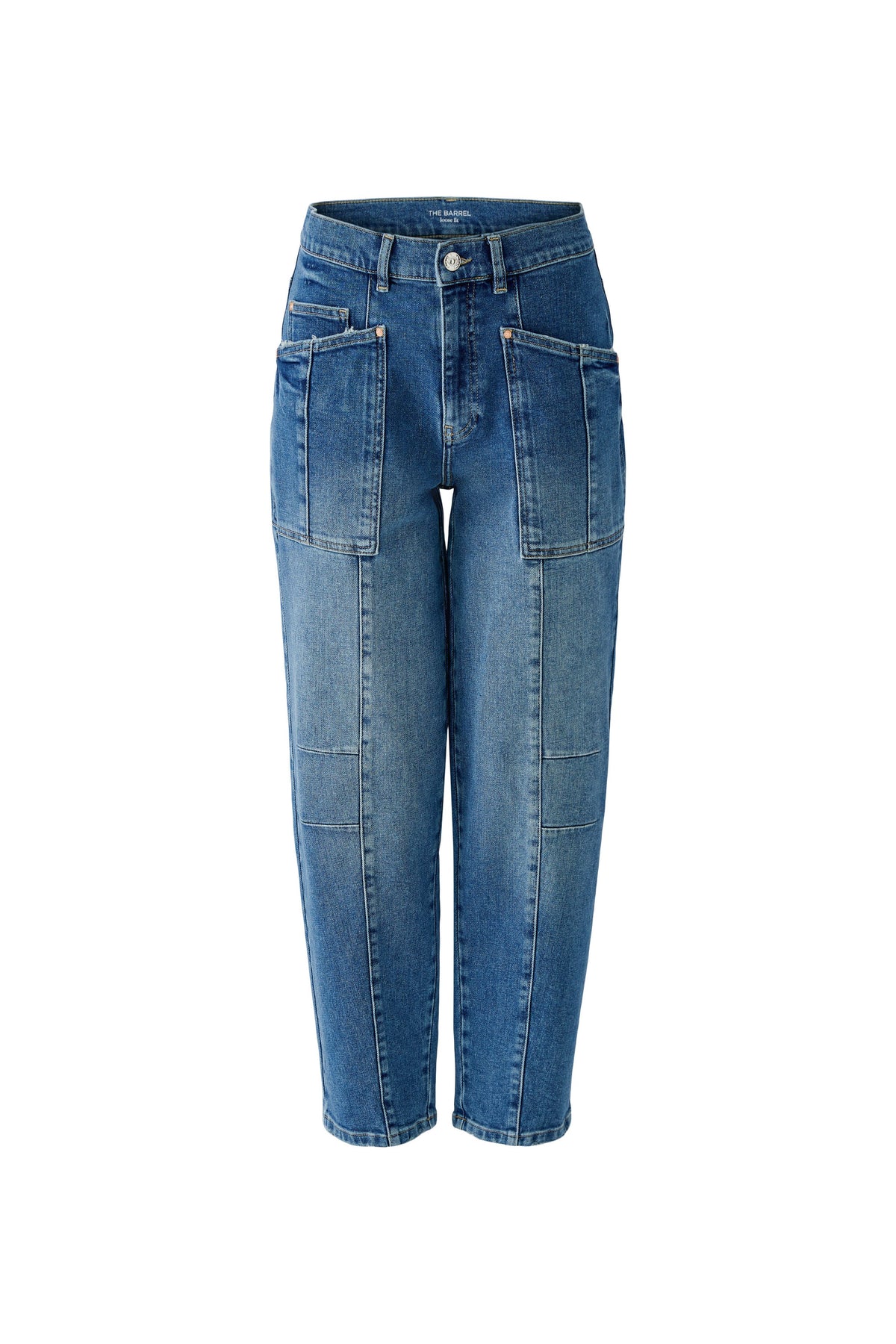 Oui mid-blue barrel leg jeans with front patch pockets – product front view
